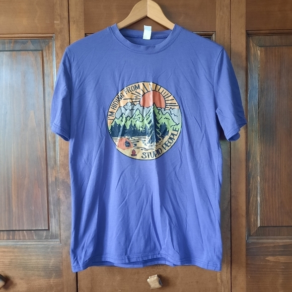 Tops - NWOT "I'm Hiding From Stupid People" novelty humor camping purple t-shirt